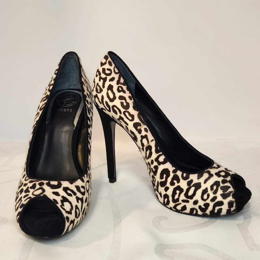 GUESS Leopard Print Cow Hair Peep Toe Stilletto Heels Size 7